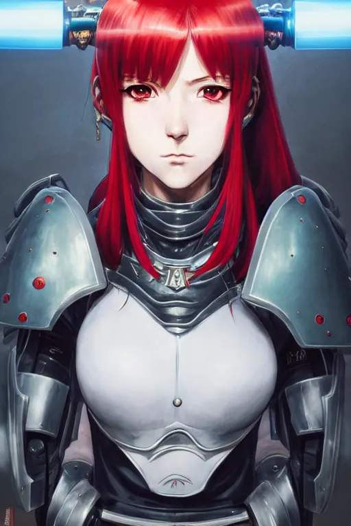 Image similar to portrait of Anime sister of battle, Warhammer 40000, cute-fine-face, red-short-hair pretty face, realistic shaded Perfect face, fine details. Anime. realistic shaded lighting by Ilya Kuvshinov katsuhiro otomo ghost-in-the-shell, magali villeneuve, artgerm, rutkowski, WLOP Jeremy Lipkin and Giuseppe Dangelico Pino and Michael Garmash and Rob Rey