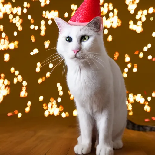 Image similar to a photo of a Cat wearing a birthday hat, studio portrait, fireworks in background