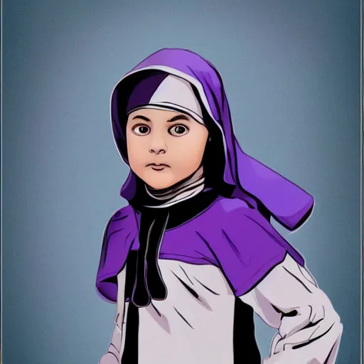 Image similar to little boy wearing nun outfit, purple and black color palate, artwork in western comic art style, inspired in hirohiko araki