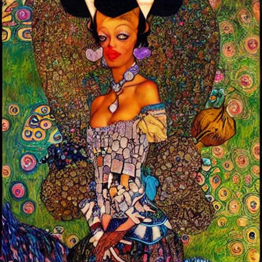 Image similar to josephine baker in alice in wonderland tripping on lsd, intricate detail, painting, klimt, royo, frazetta, whealan,