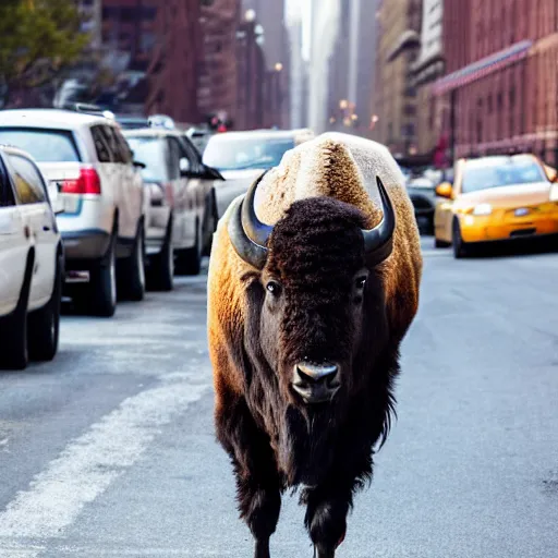 Image similar to photo of a bison, in a New York street, cars, buildings, 50mm, beautiful photo,