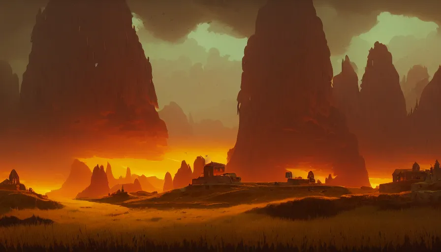 Image similar to highly detailed matte painting of a hostile thunderoud rural landscape by atey ghailan, by greg rutkowski, by greg tocchini, by james gilliard, by joe fenton, red, brown, black and yellow color scheme, octane render