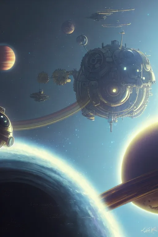 Image similar to steampunk spaceship infront of a planet, exquisite details, denoised, mid view, by karl kopinski, artsation, greg rutkowski, makoto shinkai, takashi takeuchi, studio ghibli