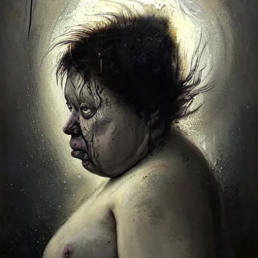 Prompt: portrait of the face of big fat old sumoringer as despair from sandman, venus of willendorf, by jeremy mann, by gregory crewdson, by bastien lecouffe deharme, by russ mills, sad face, topknot!!!, black hair, mourning, black eyes, white room, soft lightning, high detailed, 8 k