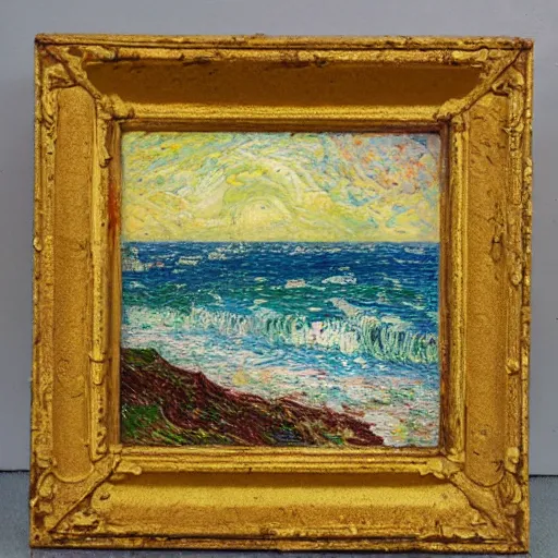 Image similar to oil paint impasto relief, beautiful italian beach scene, rough sea, multi layered thick brush marks, some splattered paint, in the style of ivan shishkin and frank auerbach and van gogh and signac