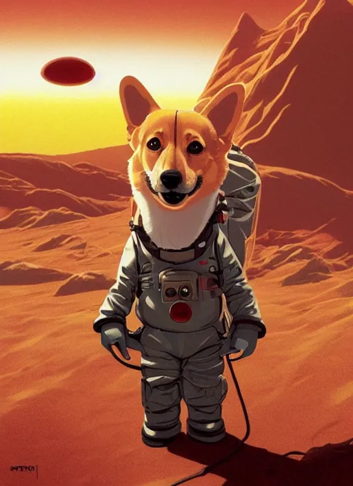 Prompt: Twin Peaks poster artwork by Michael Whelan and Tomer Hanuka, Rendering of a cute corgi in a spacesuit on Mars, full of details, early morning light, sunrise, golden hour, by Makoto Shinkai and thomas kinkade, Matte painting, trending on artstation and unreal engine