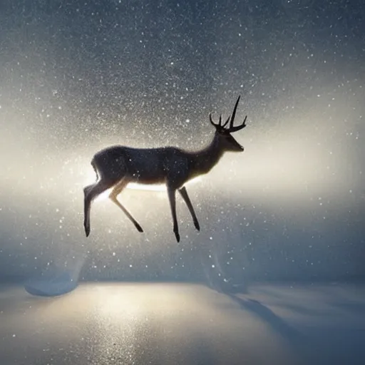 Image similar to A still of a deer exploding in slow motion, sparkles and sun rays, hyperrealistic, photo realistic, realistic, beautiful white lighting, in the middle of the day, hyperdetailed, very detailed