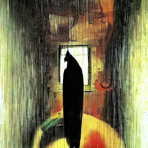 Prompt: Inside on a rainy day, by Dave McKean