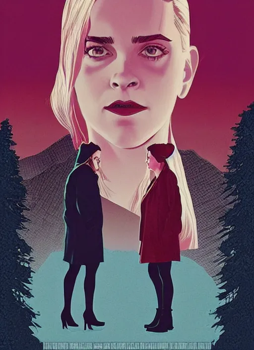 Image similar to Twin Peaks movie poster artwork by Michael Whelan and Tomer Hanuka, Rendering of Emma Watson nun & Kiernan Shipka satanist team up to solve mysteries, from a scene from Twin Peaks, clean, full of detail, Matte painting, trending on artstation and unreal engine