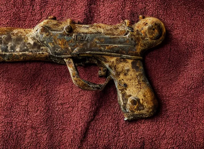 Prompt: An old rusty pistol on a towel, deeply rusted, water damage, detailed picture,