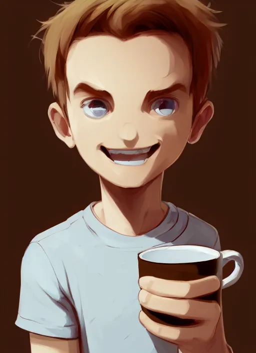 Image similar to a white young man drinking from a coffee cup, which is a brown flower, big smile, prominent big eyes, wise forehead, big lips, round portruding chin, background full of brown flowers, standout colours, thin sharp lines, digital painting, artstation, matte, sharp focus, illustration, realistic anime artstyle