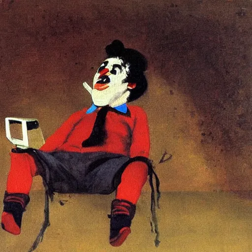 Prompt: an oil painting of a clown watching soccer on tv, goya, dark,