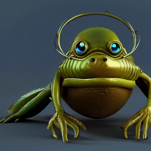 Prompt: amphibious alien with brown scales and round body with big goggles, character design, 3D render, masterpiece