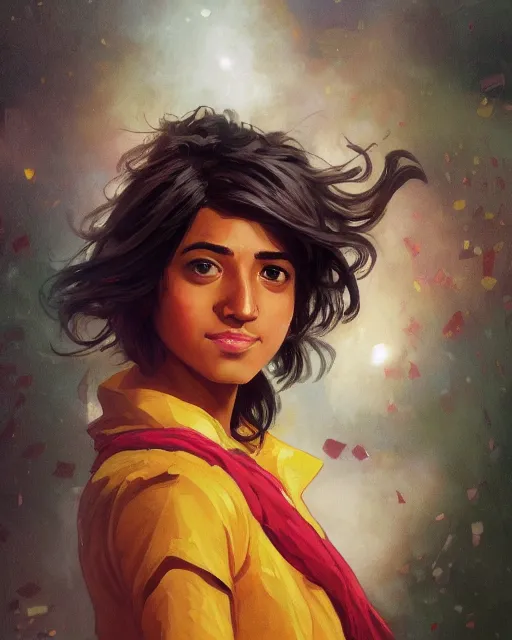 Image similar to A Full View of Kamala Khan played by Iman Vellani, filled with wonder. MCU. John Hughes film. masterpiece 4k digital illustration by Ruan Jia and Mandy Jurgens and Artgerm and greg rutkowski and Alexander Tsaruk and WLOP and william-adolphe bouguereau, award winning, Artstation, art nouveau aesthetic, Alphonse Mucha background, intricate details, realistic, panoramic view, Hyperdetailed, 8k resolution, intricate art nouveau