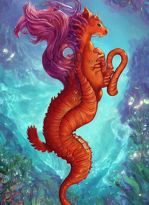 Prompt: ariel as a cat seahorse fursona, autistic bisexual graphic designer and musician, long haired attractive androgynous fluffy humanoid character design, sharp focus, weirdcore voidpunk digital art by artgerm, akihiko yoshida, louis wain, simon stalenhag, wlop, noah bradley, furaffinity, artstation hd, trending on deviantart