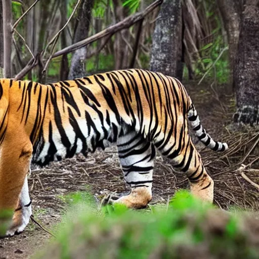 Prompt: wildlife photograph of a tiger walking in a dark mangrove forest, National geographic