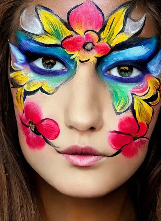 Image similar to stunning portrait photograph of a beautiful woman with her face painted. face painting of beautiful flowers. rich colors.