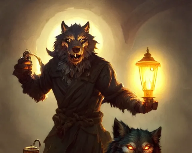 Prompt: oldman with a lantern at night time, werewolf behind him, deep focus, d & d, fantasy, intricate, elegant, highly detailed, digital painting, artstation, concept art, matte, sharp focus, illustration, hearthstone, art by artgerm and greg rutkowski and alphonse mucha