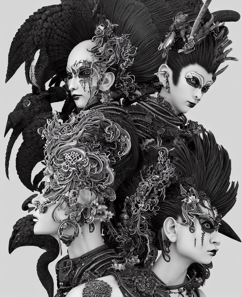 Image similar to 3 d goddess close - up profile portrait punk with mohawk with ram skull. beautiful intricately detailed japanese crow kitsune mask and clasical japanese kimono. betta fish, jellyfish phoenix, bio luminescent, plasma, ice, water, wind, creature, artwork by tooth wu and wlop and beeple and greg rutkowski