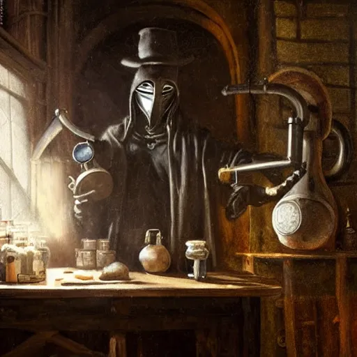 Prompt: plague doctor working in medieval apothecary, magical alchemy laboratory, oil painting, by Greg Rutkowski