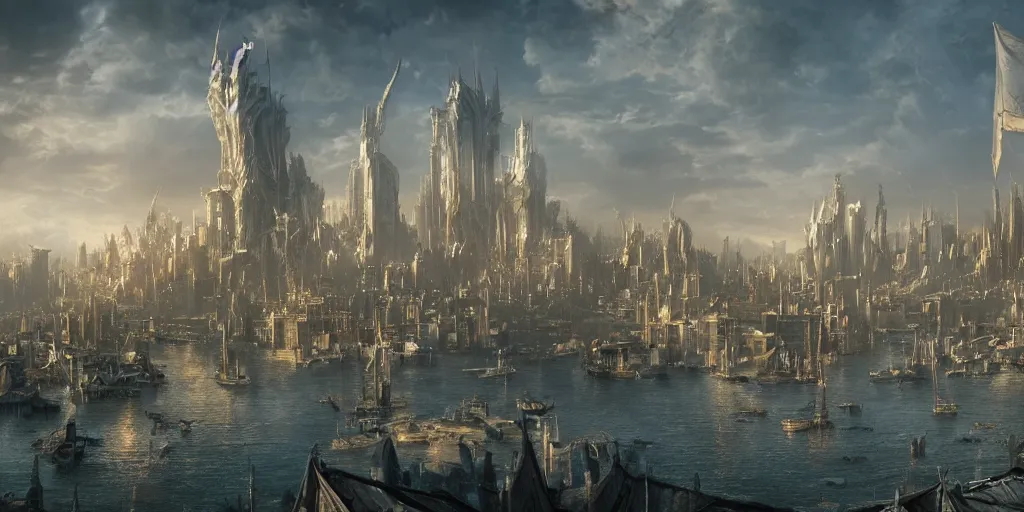 Image similar to beautiful matte painting of a port city by weta workshop 8 k, cinematic dramatic atmosphere, dramatic lighting