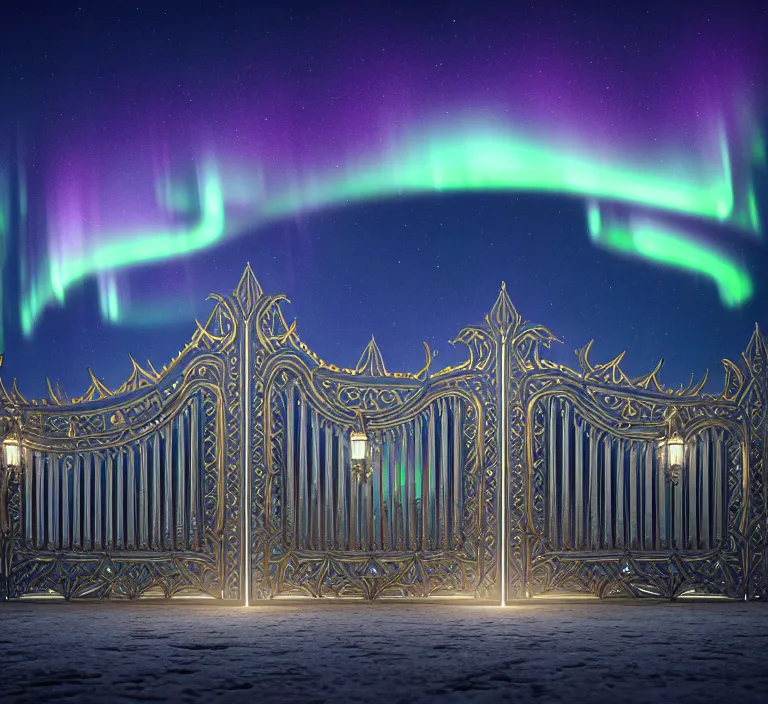 Image similar to a very detailed concept art of intricate and light gates to aurora borealis, trending on artstation, symmetry, digital art, 4 k, hyper realistic, octane render, sharp focus