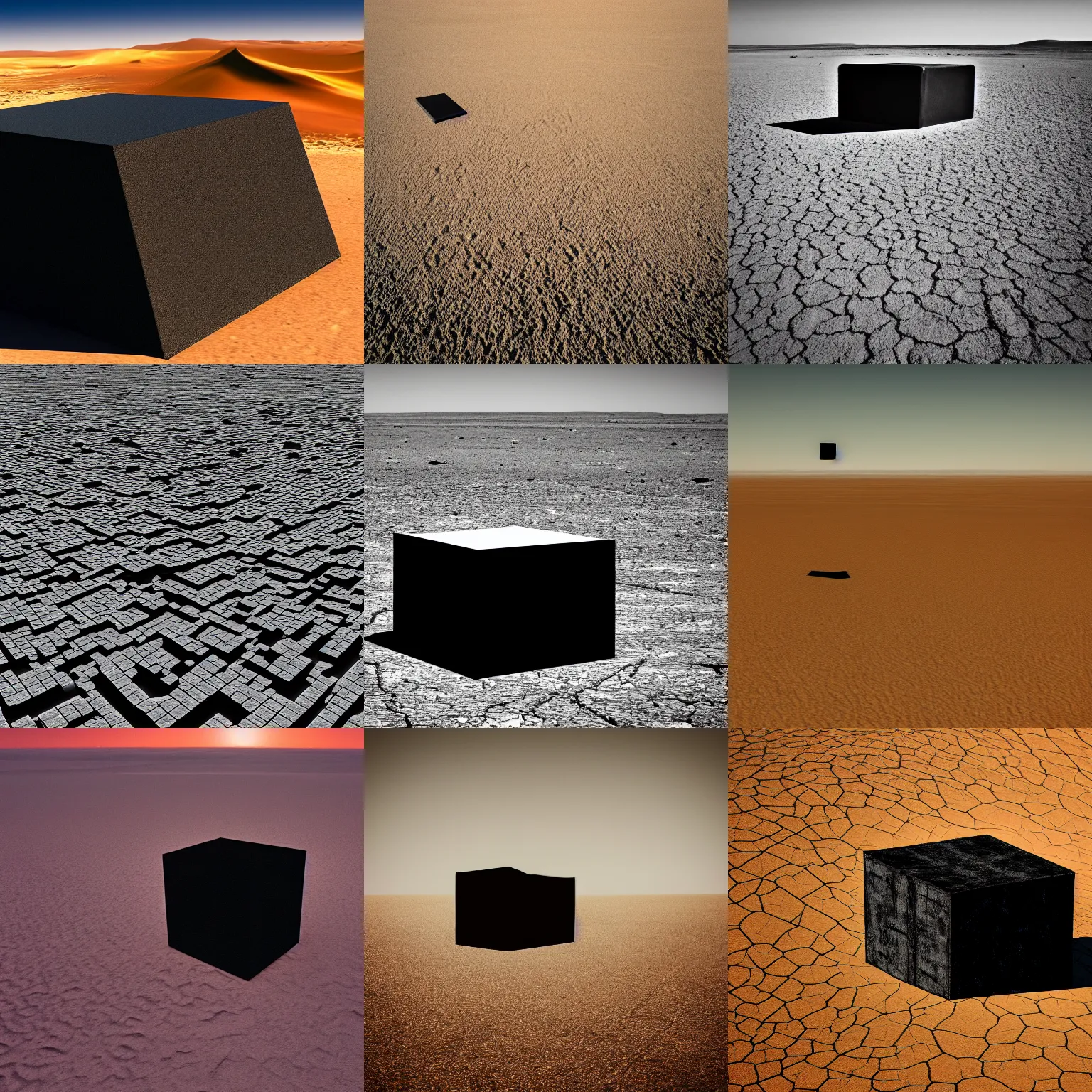 Prompt: high quality dslr photograph of a mysterious gigantic black cube, perfectly square, made by aliens, emerging from the middle of a barren desert. alien structure, masterpiece, stunning, amazing, super resolution. atmospheric, Extremely detailed, trending on ArtStation