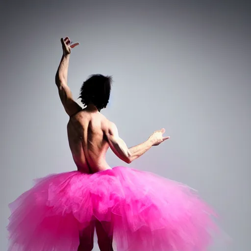 Image similar to nick cave in a pink tutu, dramatic angle, studio photography