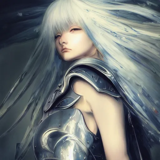 Prompt: Soft oil portrait with broad brush strokes of an anime girl with a long white hair wearing Elden Ring armour with engraving in the style of Yoji Shinkawa, expressive brush strokes, hairs fluttering on the wing, noisy film grain effect, highly detailed, Renaissance oil painting, weird portrait angle, blurred lost edges, three quarter view