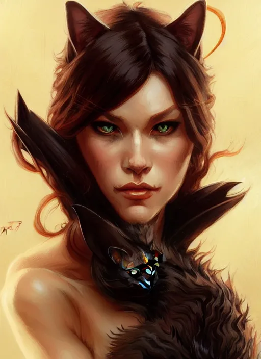 Prompt: portrait of aggressive cat woman humanoid, d & d, fierce! fantasy, intricate, elegant, highly detailed, digital painting, artstation, concept art, smooth, sharp focus, illustration, art by artgerm and greg rutkowski and alphonse mucha