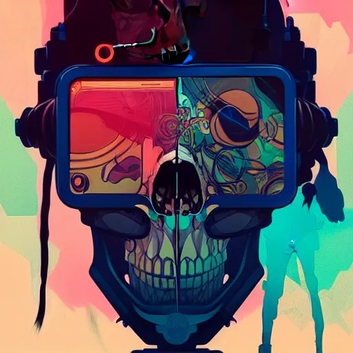 Prompt: a beautiful painting of a cyberpunk blindfolded skull by sachin teng and pascal blanche and alphonse mucha! and nekro! and josan gonzalez!. in style of vector art. film noirs, akira, brush stroke, vibrating colors, hyper detailed. octane render. trending on artstation