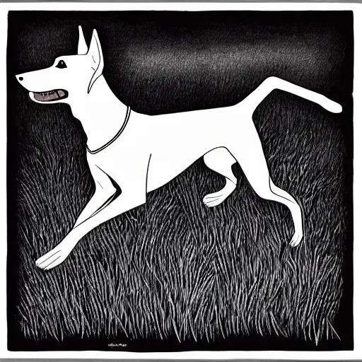 Prompt: doberman pinscher running in a grassy field style of geoff darrow veterinary medical diagram aerial horror black and white optical illusion 1 0 2 4 x 1 0 2 4