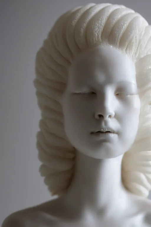 Image similar to full head and shoulders, beautiful female porcelain sculpture by daniel arsham and raoul marks, smooth, all white features on a white background, delicate facial features, white eyes, white lashes, detailed white, lots of real gold hair in a'beehive hairstyle'on the head