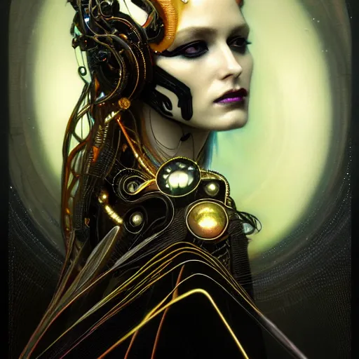 Prompt: extremely psychedelic beautiful cyborg queen of lsd infected by night. intricate, elegant, highly detailed, extremely lifelike photorealistic digital painting, artstation. steichen, gaston bussiere, tom bagshaw, cyberpunk alphonse mucha. elegant minimalism. anatomically correct. sultry rage. sharp focus. gold and black, white accents. lifelike