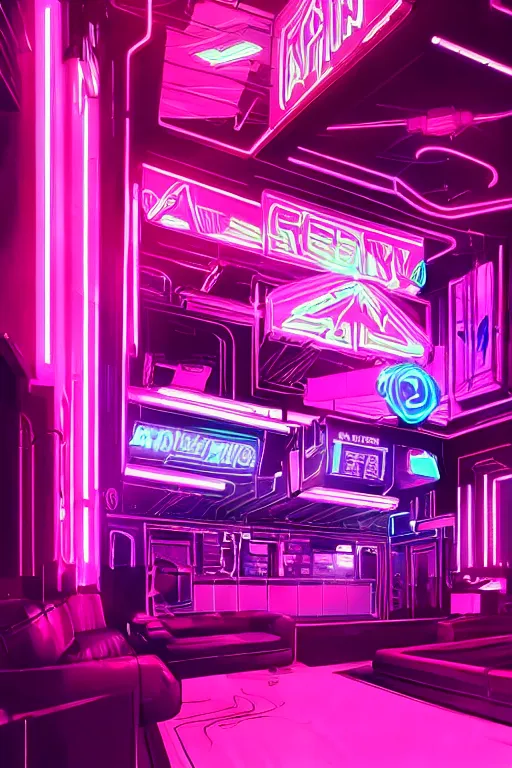 Prompt: cyberpunk synthwave strip club, pink neon lights, futuristic, cgsociety, in the style of artstation