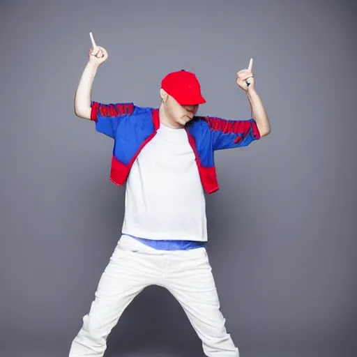 Image similar to a full body shot of an average white, short young - adult man with blue dyed hair, wearing a red backwards cap, white t - shirt with a red no symbol on it, blue long pants and red shoes, holding a microphone, photoshoot, grey background