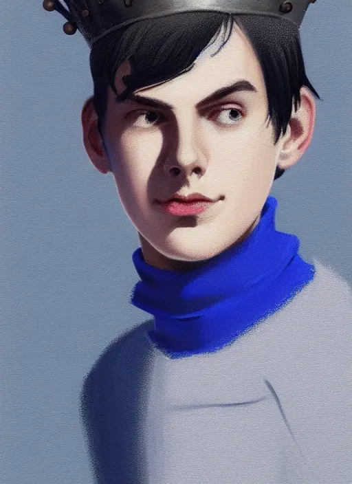 Image similar to portrait of teenage jughead jones wearing a light grey crown, crown, blue turtleneck, 1 9 5 0 s, closed eyes, photorealistic, black hair, glowing lighting, intricate, elegant, glowing lights, highly detailed, digital painting, artstation, concept art, smooth, sharp focus, illustration, art by wlop, mars ravelo and greg rutkowski