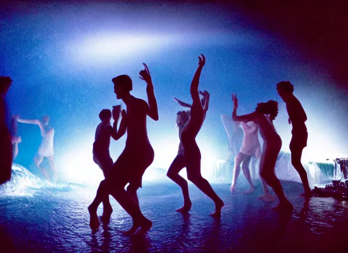 Image similar to people dancing under a waterfall highly detailed sharp zeiss lens 3 5 mm kodachrome film masterpiece ryan mcginley moonmilk cave with blue ambient lighting