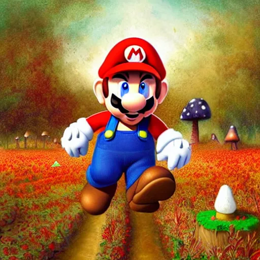 Image similar to a realistic portrait chris pratt as super mario running in a field of mushrooms by android jones