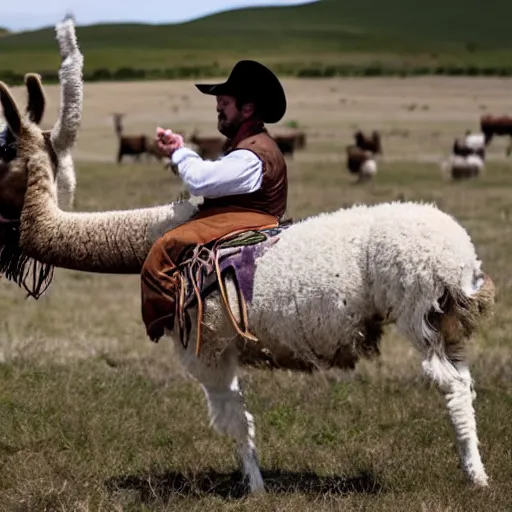 Prompt: a cowboy riding a llama