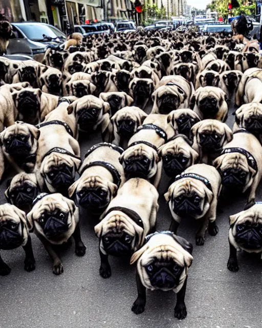 Image similar to a million pugs marching through a city street