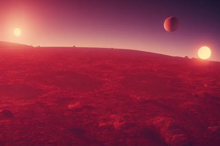 Image similar to a desert world planet with 3 moons in the sky hyper-realistic photo artistic trending on artstation beautiful scenic octane render reddish hue