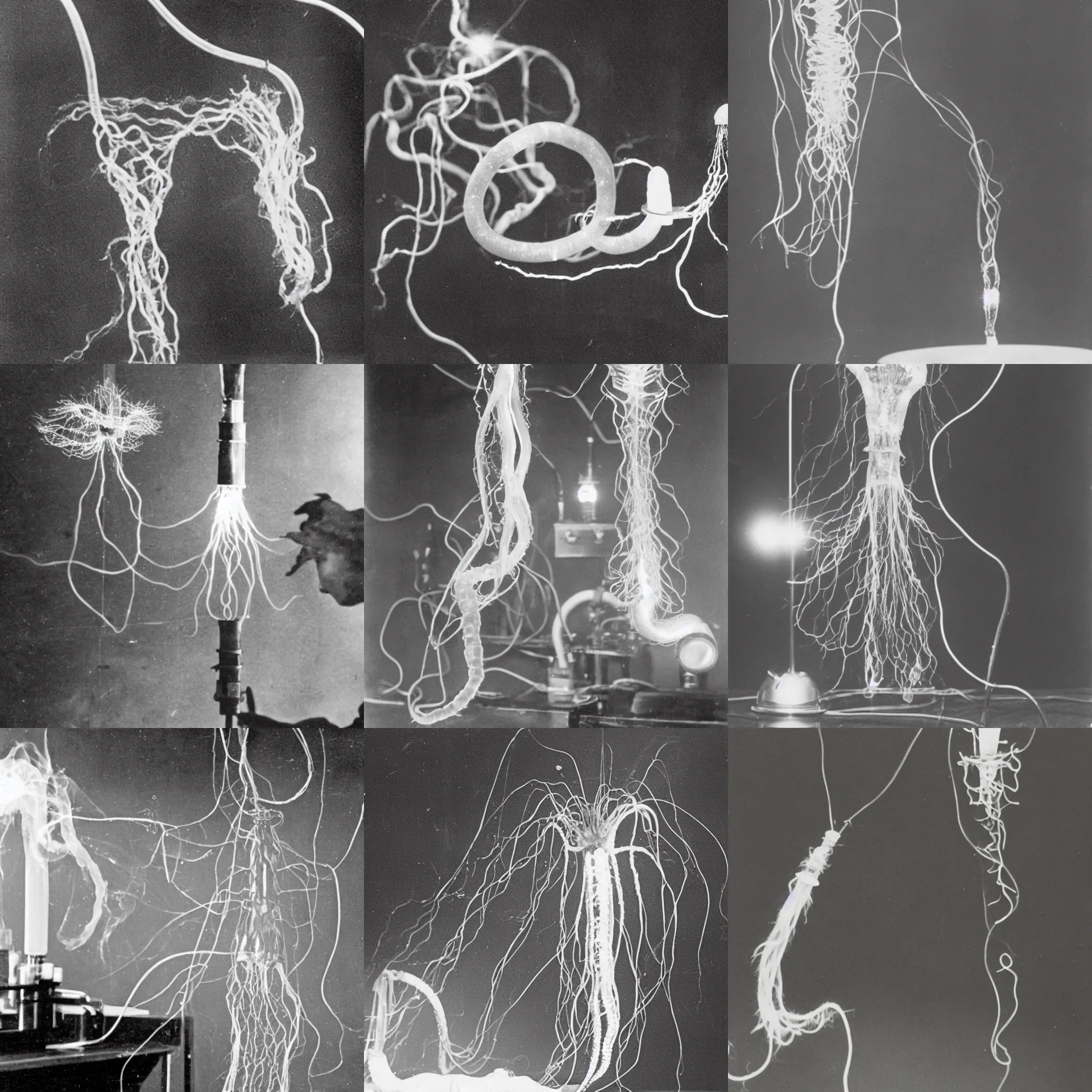 Prompt: a vintage photograph of a siphonophore ghost in a laboratory with a tesla coil