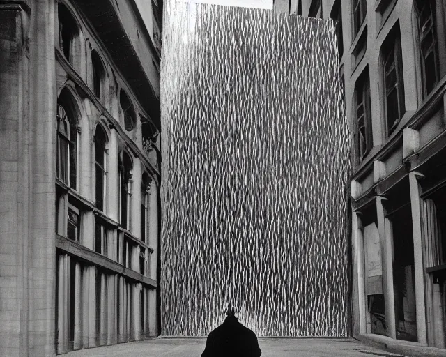 Prompt: by francis bacon, vivian maier, mystical photography evocative. an intricate fractal concrete and chrome carved sculpture of the secret faces of god, standing in a city center.