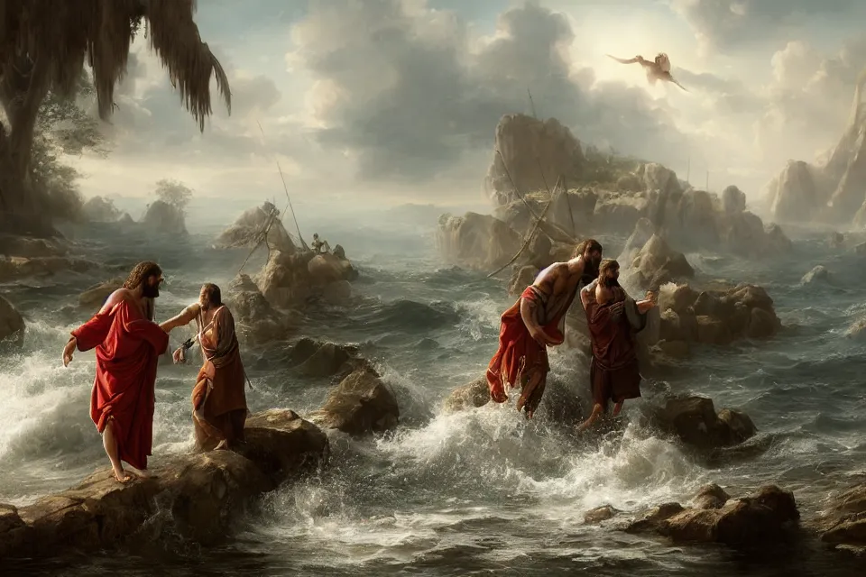 Image similar to An epic matte painting of Jesus saving Petrus in the Water, beautiful, stunning, gorgeous, 4k resolution, professional digital art, by wlop and George Rutkowski, f16, intricate