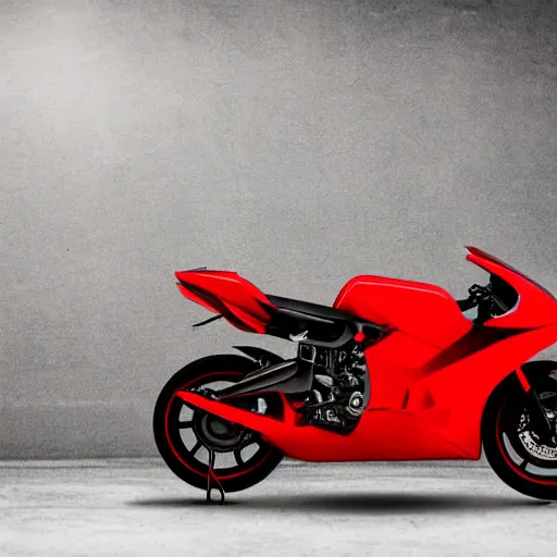 Image similar to a fantasy red glossy modern motorbike with jet engine, exposing internal engine, wide angle lens, photo studio hard light,photostock, istock