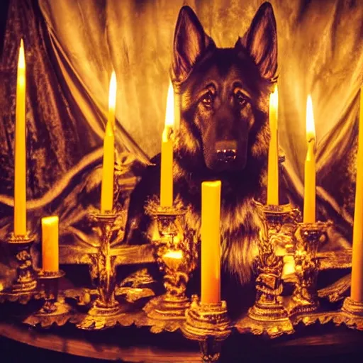 Image similar to gothic ritual with many golden candles, german shepherd with dragon wings in gothic makeup performing ritual, gloomy, candlelight, intricate detail faces, fireplace wide angle shot photograph