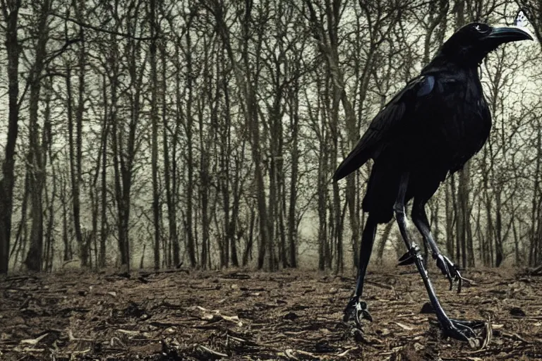 Image similar to !! human mixed with a crow, photograph captured in a dark forest