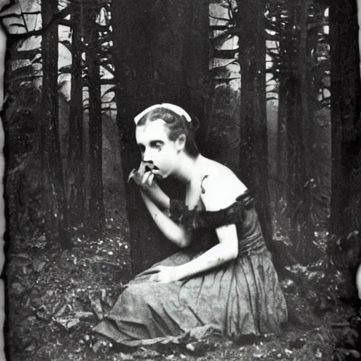 Image similar to spooky 1860 photo of an ancient girl demon devouring the the human kind on a dark forest