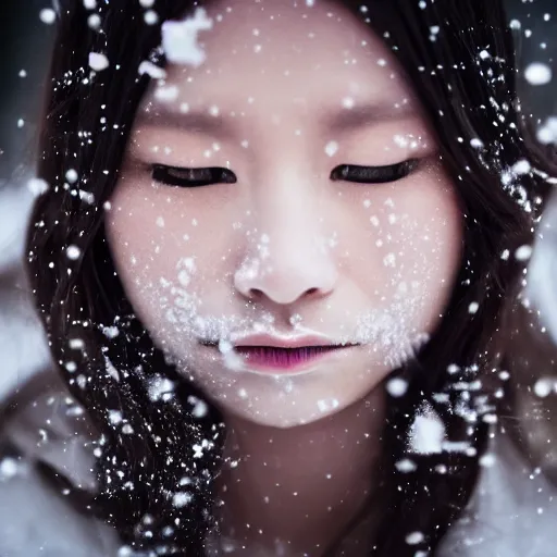 Image similar to the piercing stare of yuki onna, snowstorm, blizzard, mountain snow, canon eos r 6, bokeh, outline glow, beauty